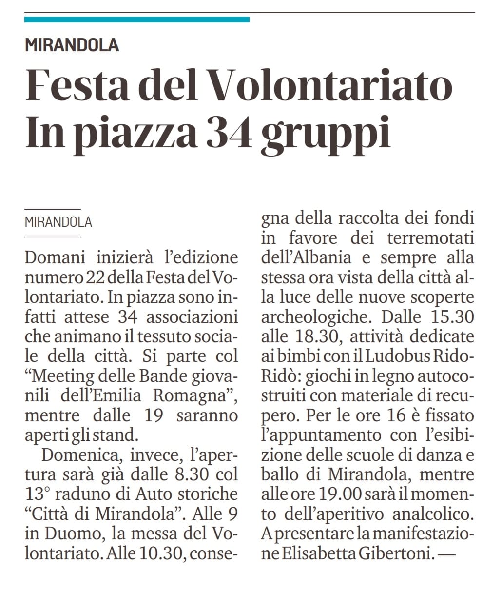 Oggi 5 e domani 6 Settembre – “Festa del Volontariato”