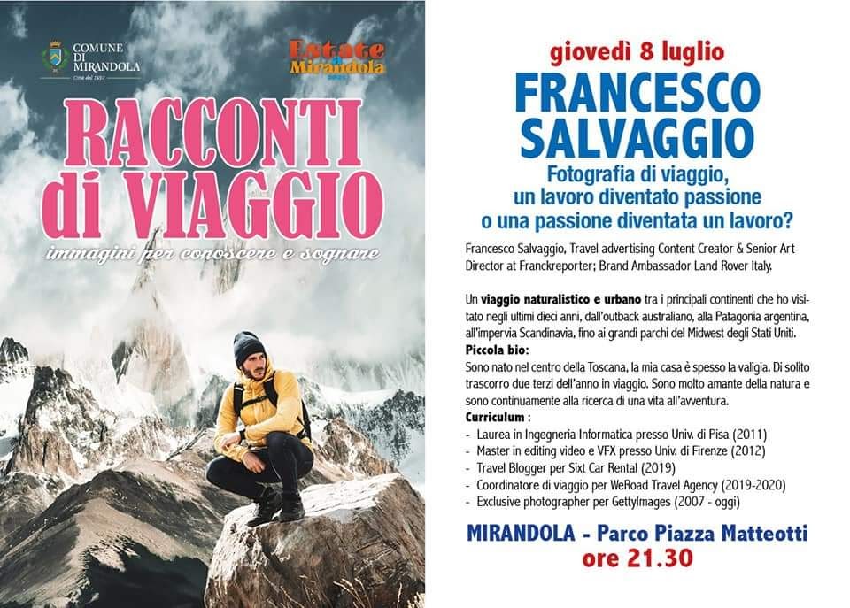 Giovedì 8 Luglio a Mirandola – Incontri di Viaggio – Francesco Salvalaggio