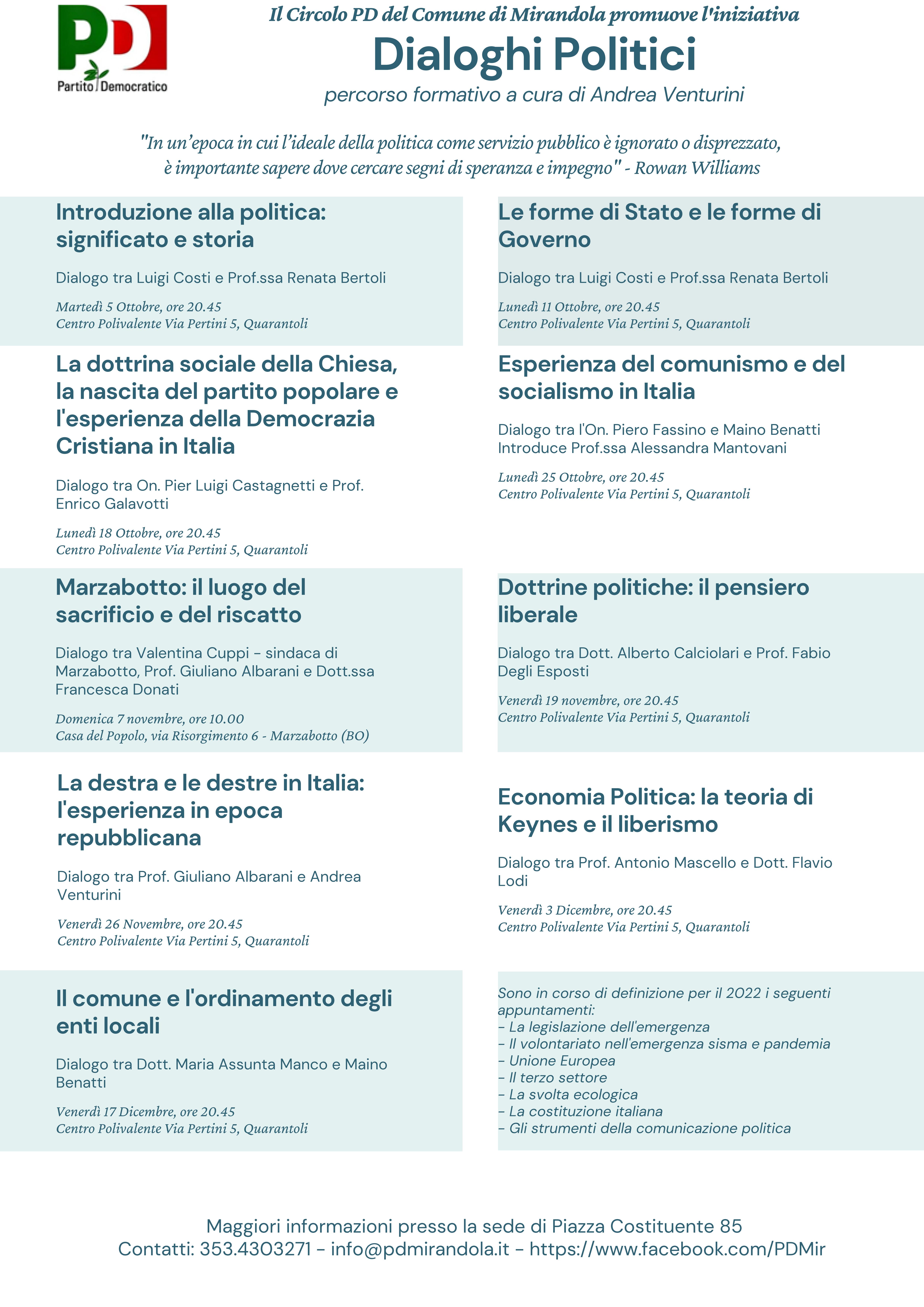 Da Martedì 5 Ottobre – “Dialoghi Politici”- Percorso formativo a cura di Andrea Venturini