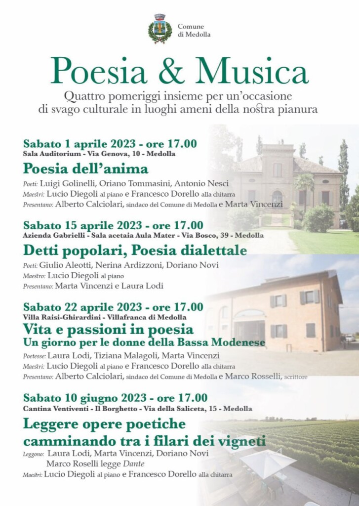 Da Sabato 1 Aprile a Medolla - Poesia & Musica - Tutto il programma