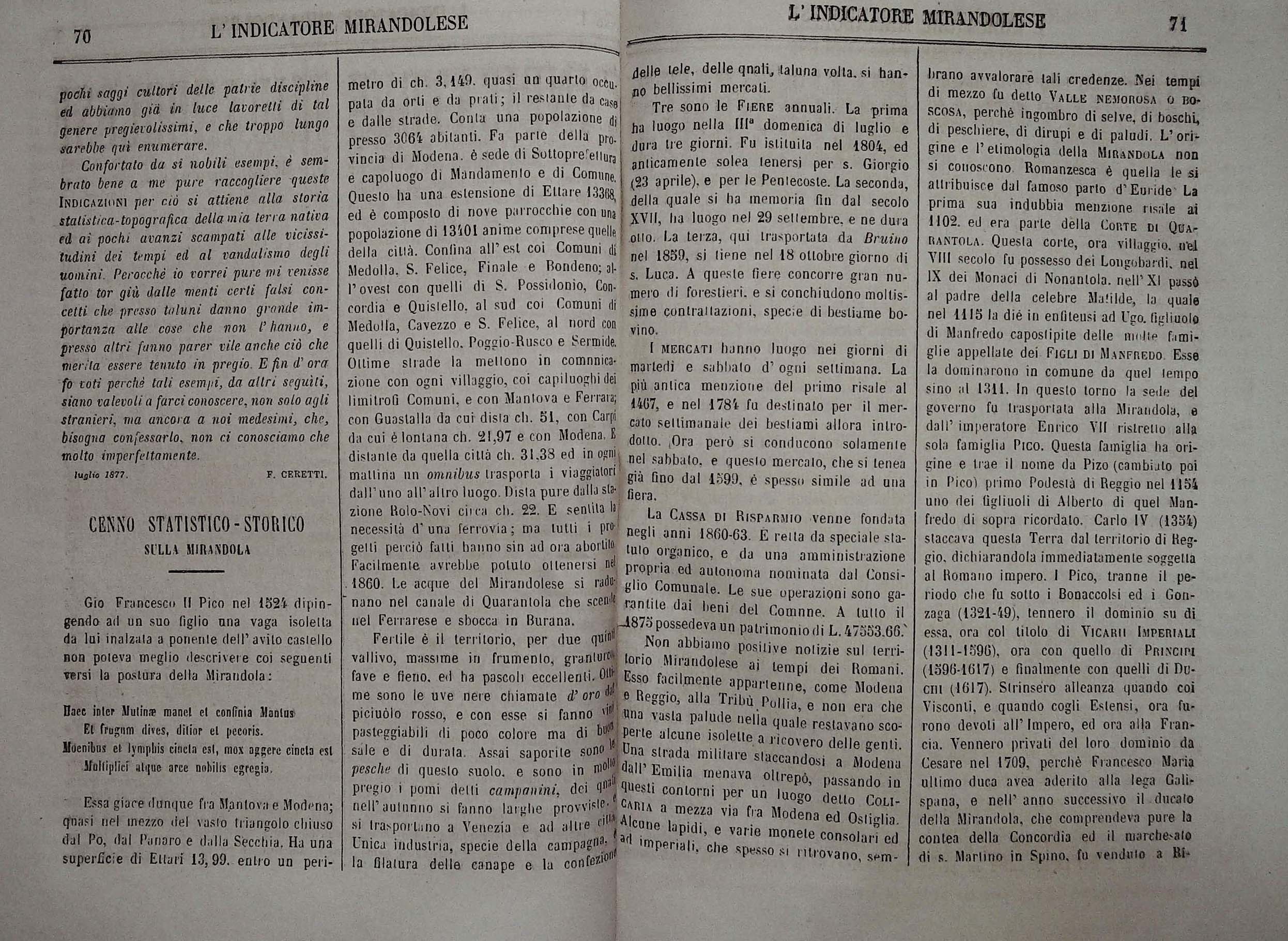 Chicche dall'Indicatore Mirandolese -1877-1908- Cenno Statistico-Storico sulla Mirandola