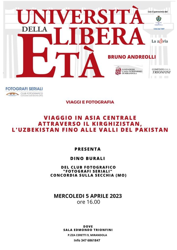 Mercoledì 5 Aprile a Mirandola - Università della Libera Età - Viaggi e Fotografia