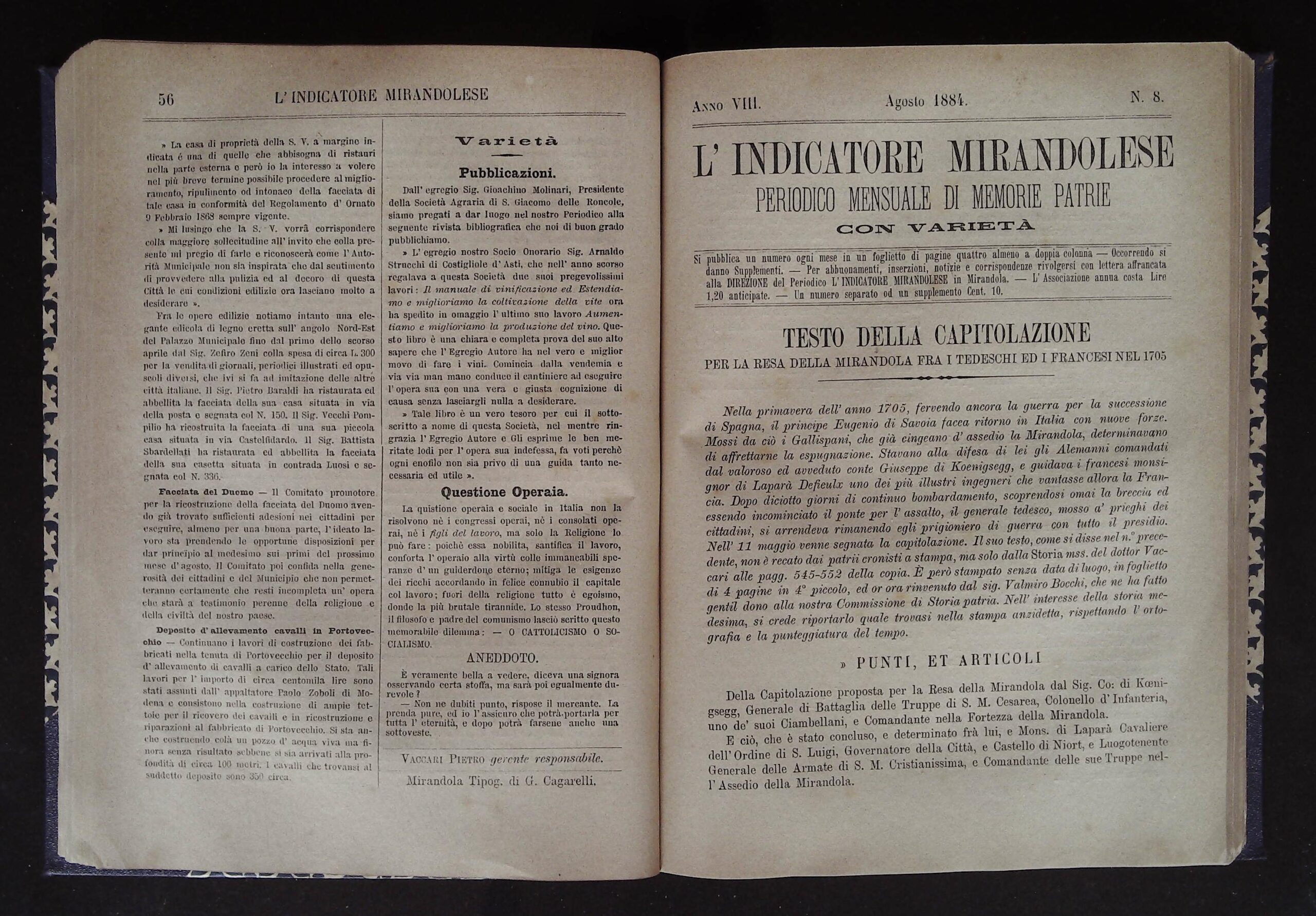 Chicche dall'Indicatore Mirandolese – 1877-1908 – Testo della capitolazione per la resa della Mirandola fra i tedeschi ed i francesi nel 1707.