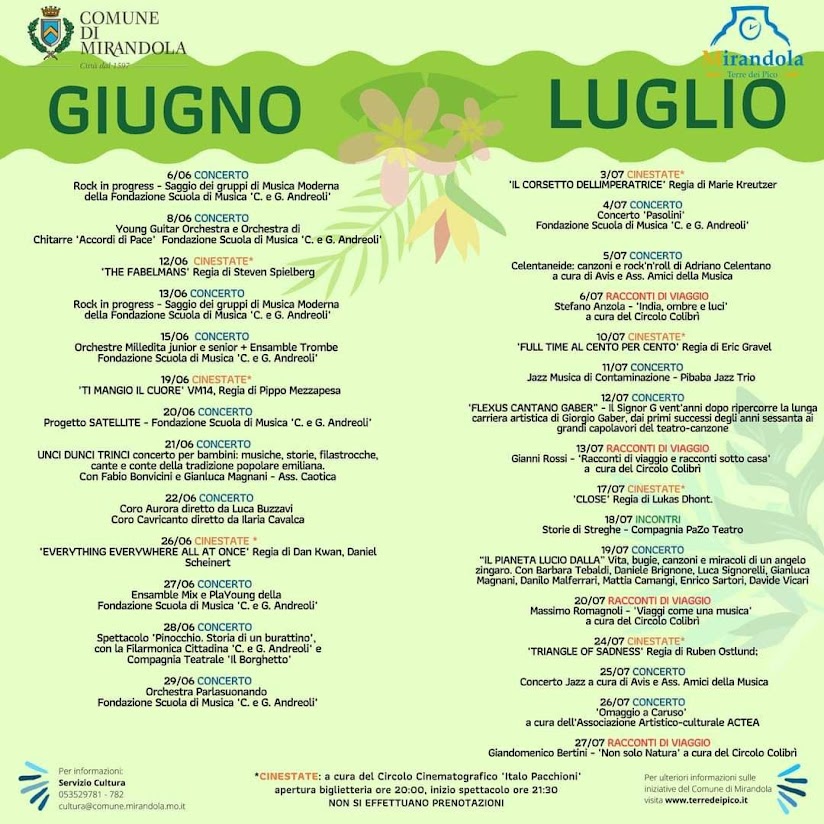 Programma eventi giugno e luglio a Mirandola