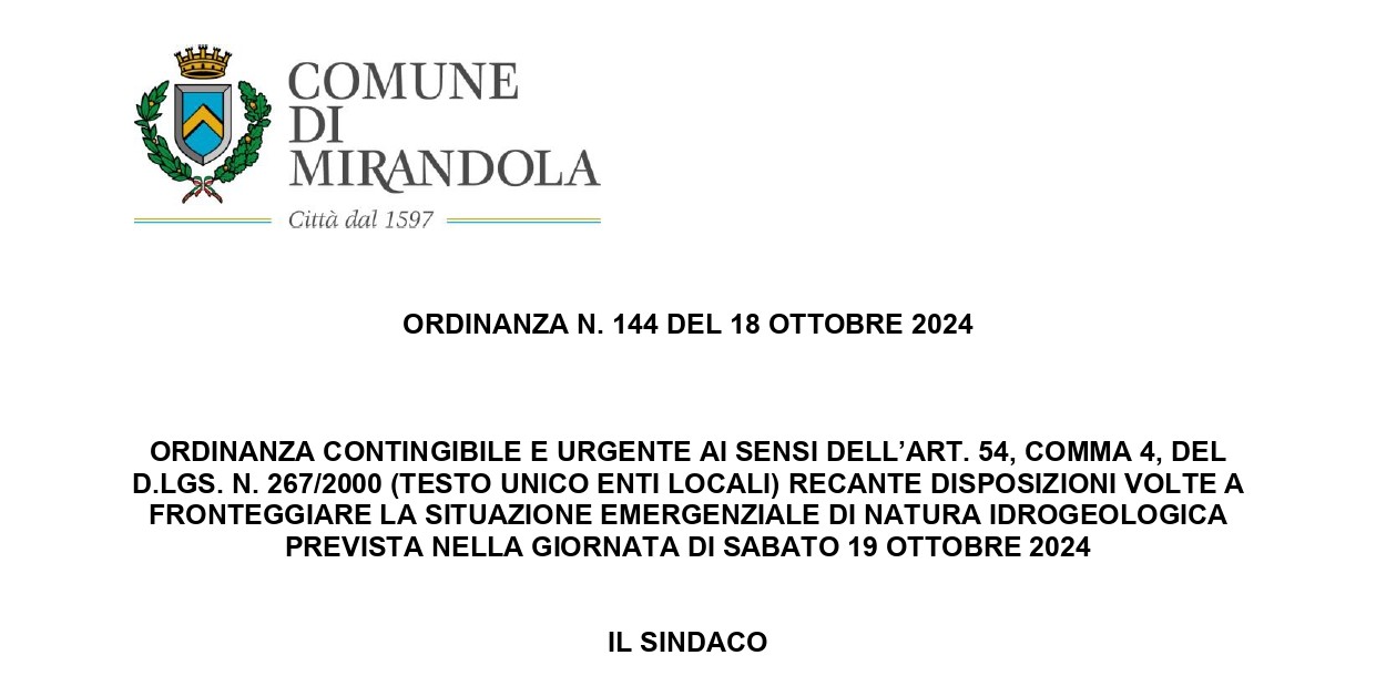 Mirandola – Sabato 19 Ottobre nel territorio comunale chiusura di scuole ed impianti sportivi.