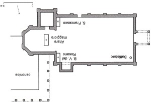 Fig.1 Vallalta (Concordia sulla Secchia): planimetria della chiesa parrocchiale del 1664. Disegno di M.Calzolari, rielaborato dal Codice Marlani e dalla Visita pastorale del 1664