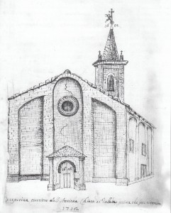 Fig.2 - Vallalta (Concordia sulla Secchia): la chiesa parrocchiale nel 1712, secondo il rilievo di don Giovanni Veratti. Da Veratti 1727-46, edito in Veratti 2002