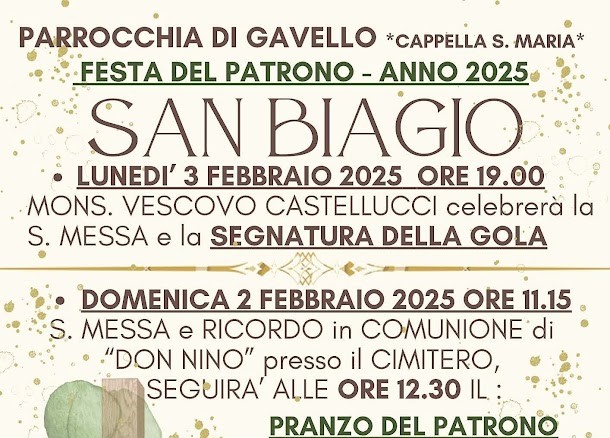 2/3 Febbraio a Gavello – Festa del Patrono San Biagio