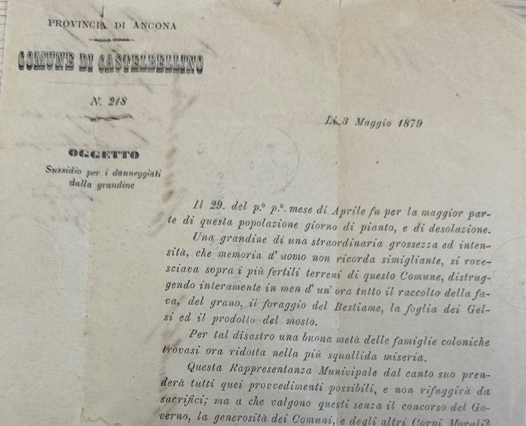 1879 – Castelbellino chiede aiuto a Concordia – Una devastante grandinata ha colpito il comune anconetano