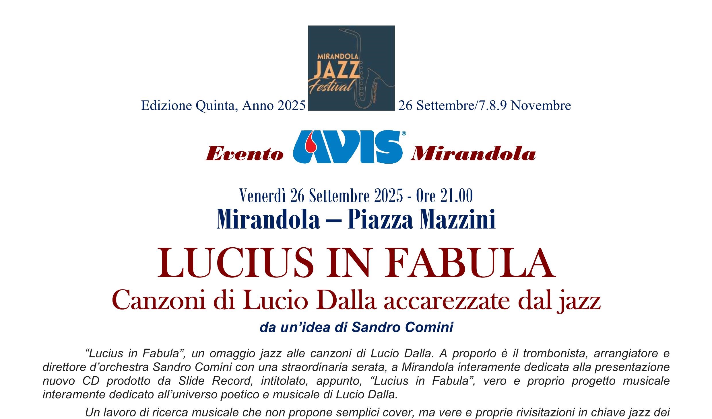26 Settembre a Mirandola – Lucius in Fabula – Sandro Comini presenta “Canzoni di Lucio Dalla accarezzate dal jazz”