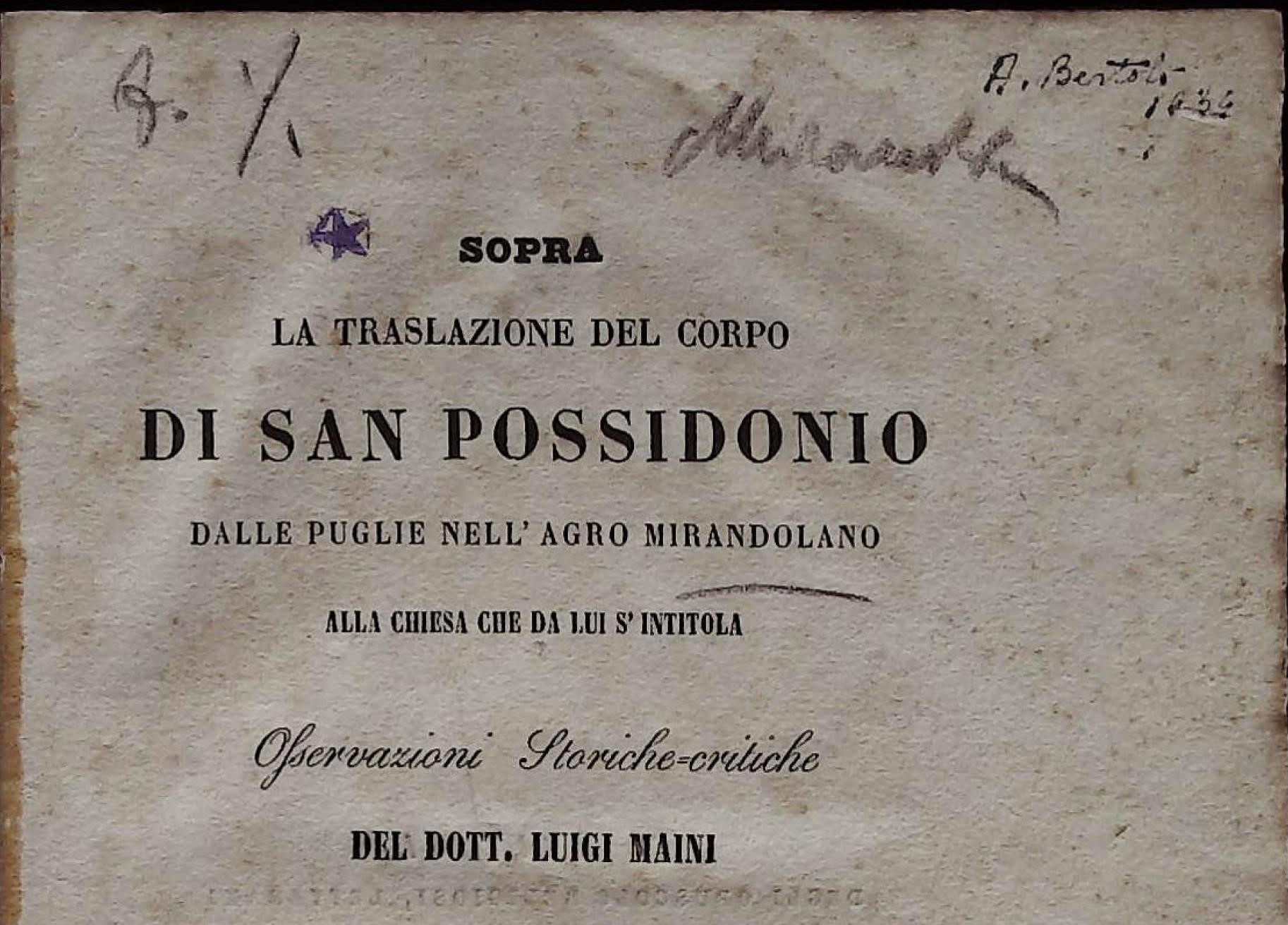 Un nuovo documento storico – MAINI 1857 La traslazione del corpo di San Possidonio