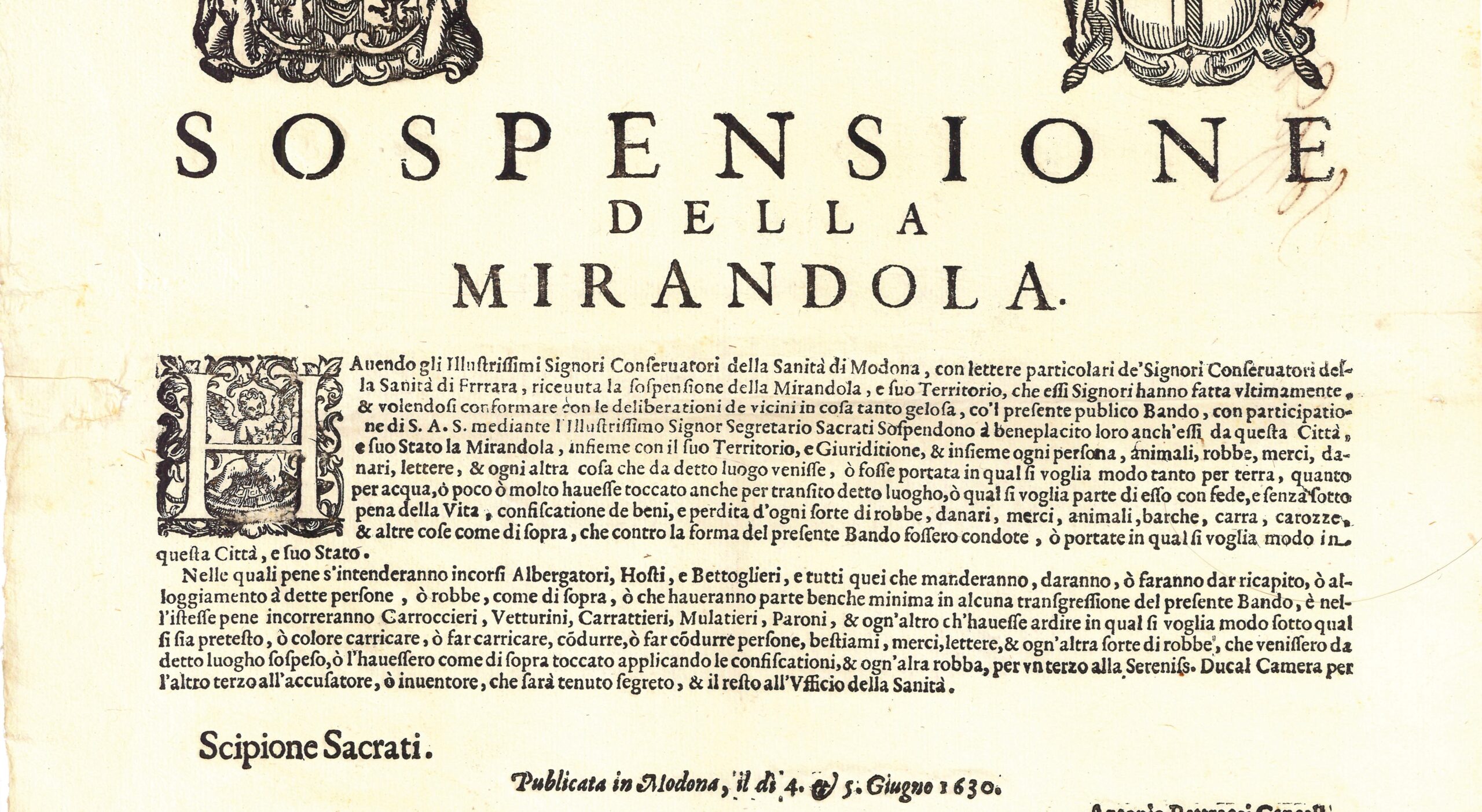 1630 – La peste a Mirandola – La messa al bando da parte del Duca di Modena