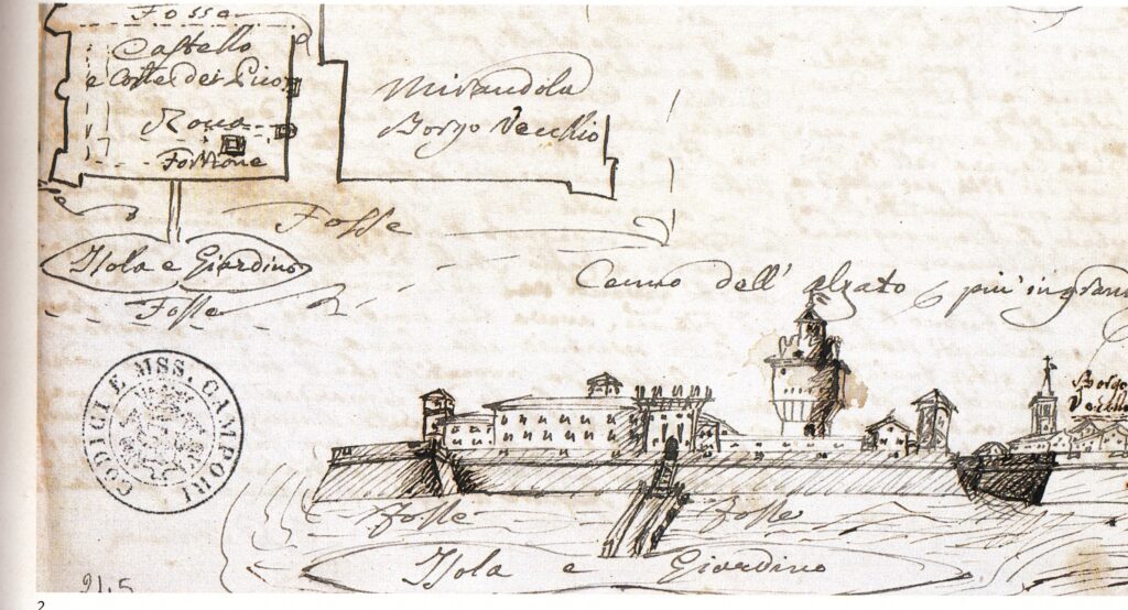 Terminati i lavori di ampliamento del Castello e dei bastioni della città, Giovan Francesco Il Pico, grande erudito, seguace del Savonarola nonché nipote del ben piu celebre Giovanni, nel 1524 fece approntare al centro del largo fossato posto a ponente della residenza signorile quella che Leandro Alberti, Girolamo Tiraboschi e i memorialisti mirandolesi Francesco Ignazio Papotti e Giacinto Paltrinieri hanno descritto come una ‹ridente e vaga isoletta ch’egli adornò di frutta e di piante d'ogni specie›...........